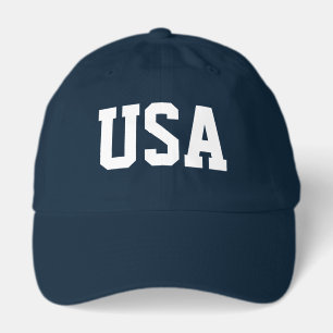USA cap. Navy blue hat with white text