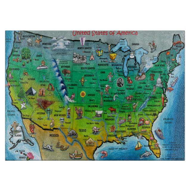 USA Cartoon Map Cutting Board (Front)