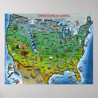 USA Cartoon Map Poster