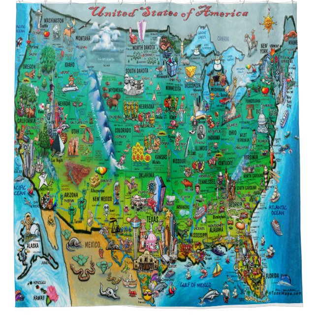 USA Cartoon Map Shower Curtain (Front)
