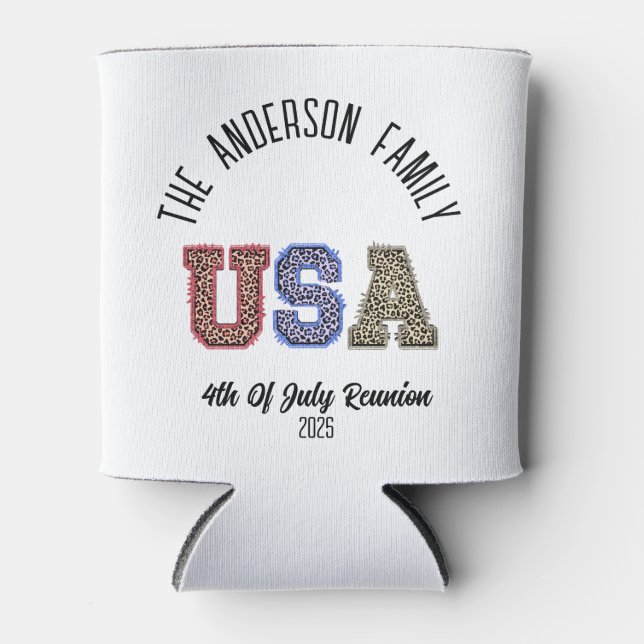 USA Cheetah Print Personalized Reunion Name Can Cooler (Front)