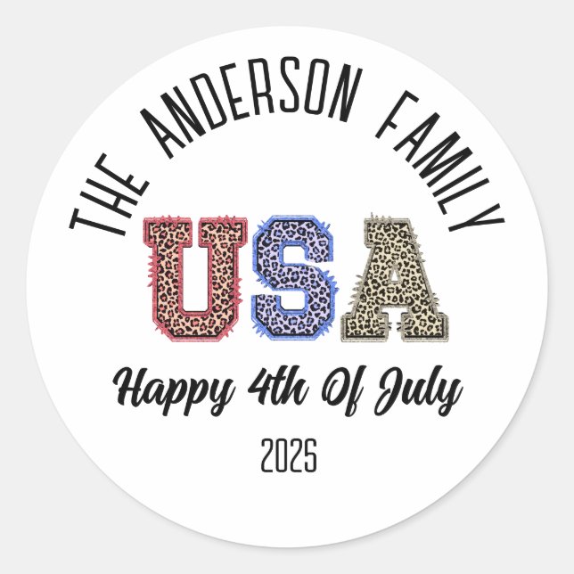 USA Cheetah Print Personalized Reunion Name Classic Round Sticker (Front)