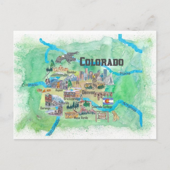USA Colorado State Travel Poster Illustrated Art Postcard (Front)