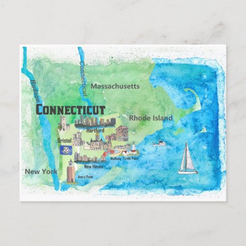 USA Connecticut Travel Map With Highlights  Postcard