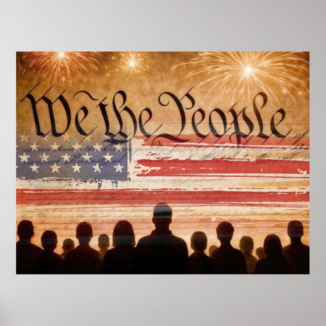 USA Constitution With Flag and Fireworks Poster (Front)