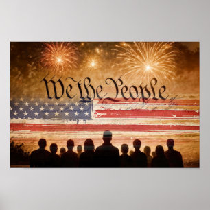 USA Constitution With Flag and Fireworks Poster