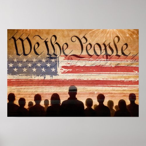 USA Constitution With Flag and Fireworks Poster