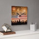USA Constitution With Flag and Fireworks Square Wall Clock