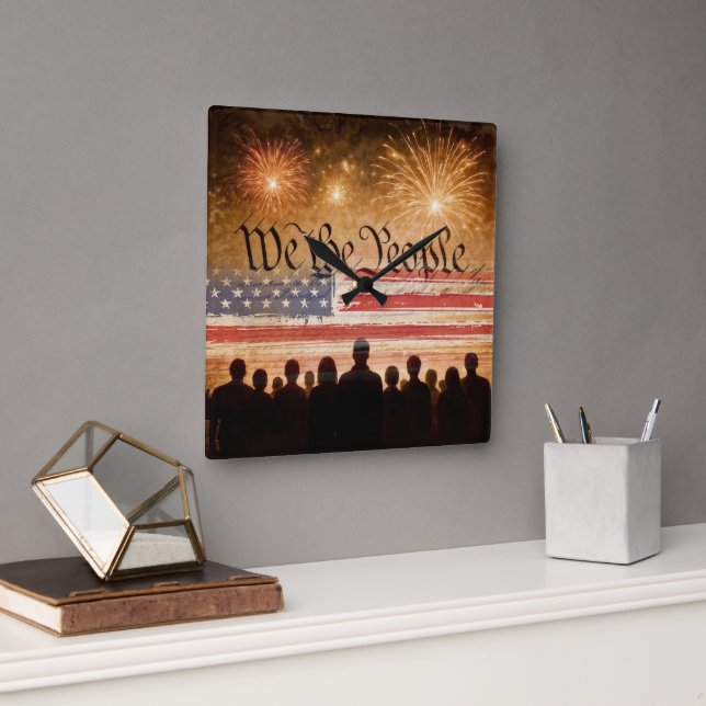 USA Constitution With Flag and Fireworks Square Wall Clock (Office)