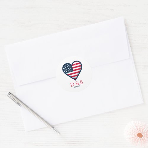 USA Couple Heart Wedding Classic Round Sticker