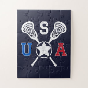 USA Crosskick Emblem - Lacrosse USA American Flag Jigsaw Puzzle