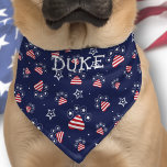 USA Cute Paw Star Pattern Red White Blue Pet Name Bandana Collar<br><div class="desc">Show off your pet’s patriotic pride with this personalized American-themed pet bandana! Featuring a bold navy blue background decorated with red and white striped paw prints, stars, and festive accents, this stylish accessory is perfect for celebrating Independence Day, Memorial Day, or any all-American occasion. The top section highlights your pet’s...</div>