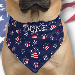 USA Cute Paw Star Pattern Red White Blue Pet Name Bandana Collar