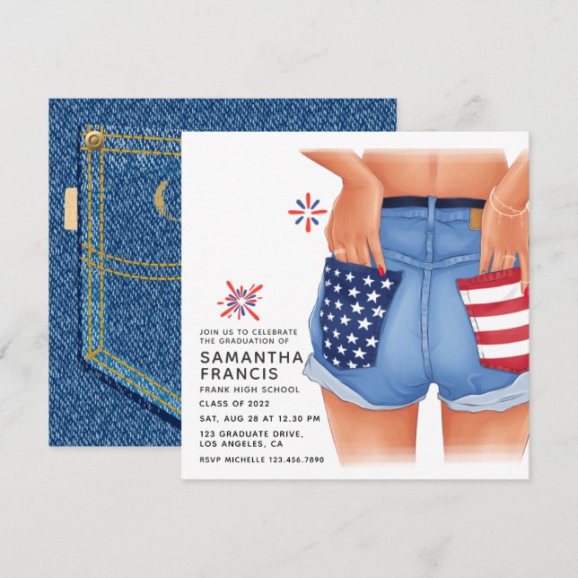 USA Denim Girl Graduation Party Invitation (Front/Back)
