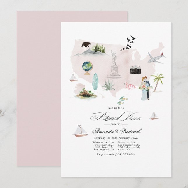USA Destination Wedding Rehearsal Dinner Invitation (Front/Back)