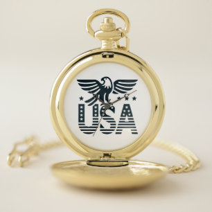 USA Eagle Patriotic Desig -Stars and Stripes Style Pocket Watch