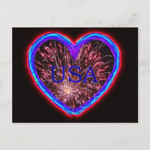 USA Electric Heart Fireworks Design Postcard