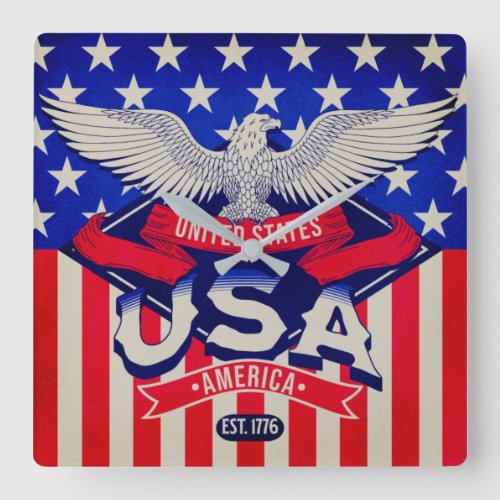 USA Est 1776 Flag Eagle America 4th of July Square Wall Clock