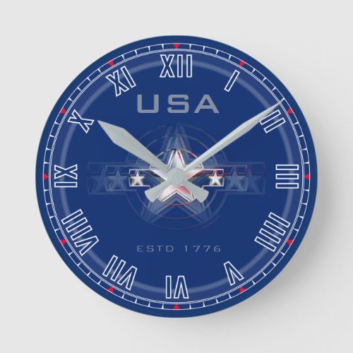 USA Estd 1776 Roman Nos Blue Round Clock