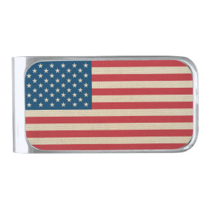 USA faux burlap flag Silver Finish Money Clip