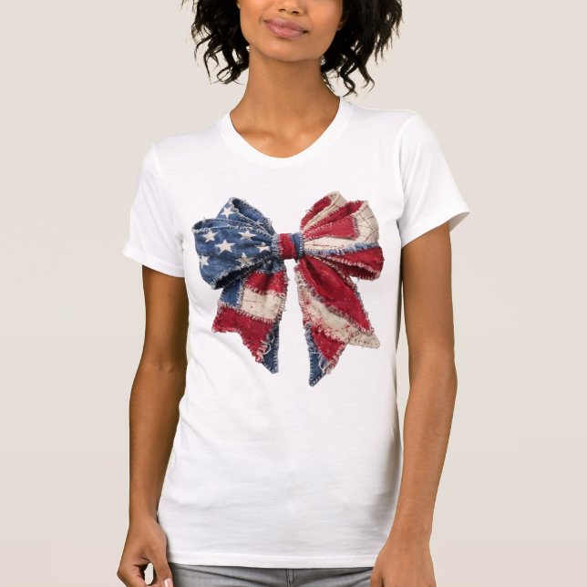 USA Faux Patchwork Bow, American Flag T-Shirt (Front)