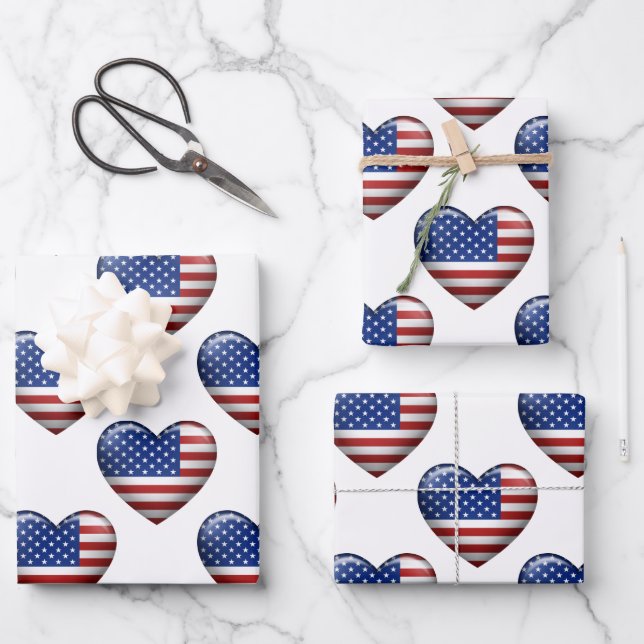 USA Flag | 3D Heart Icon Wrapping Paper Sheets (Front)