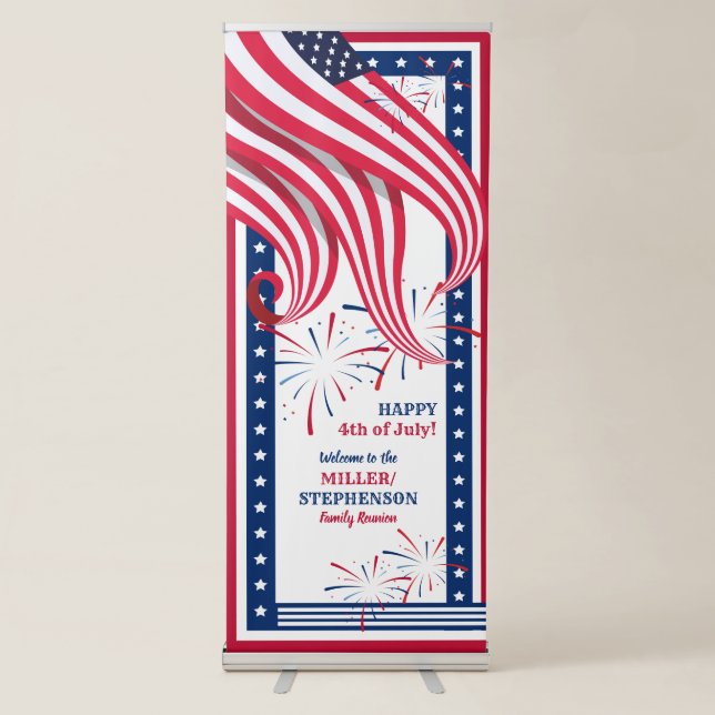 USA Flag 4th of July Red White Blue Family Reunion Retractable Banner (Front)