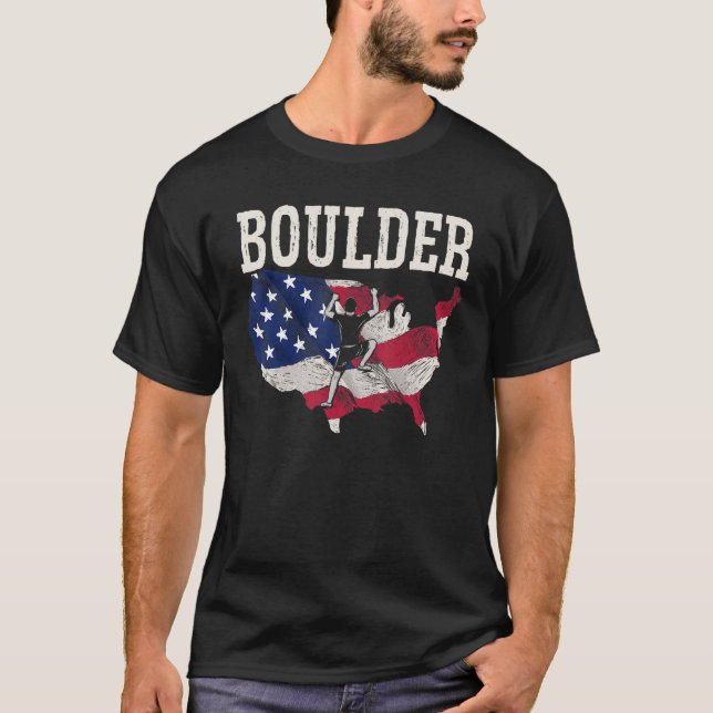 USA Flag American Boulderer Rock Climbing Boulderi T-Shirt (Front)