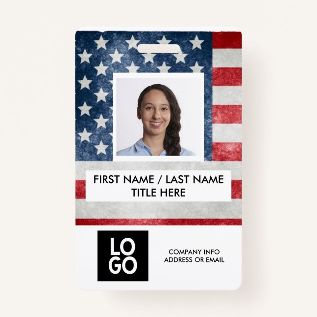 USA Flag American Custom Employee Photo Name Badge (Front)