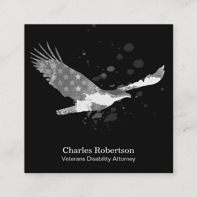 *~* USA Flag American Eagle Gray Grey on Black Square Business Card (Front)