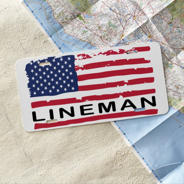 USA Flag American Lineman  Patriotic  License Plate (In Situ)