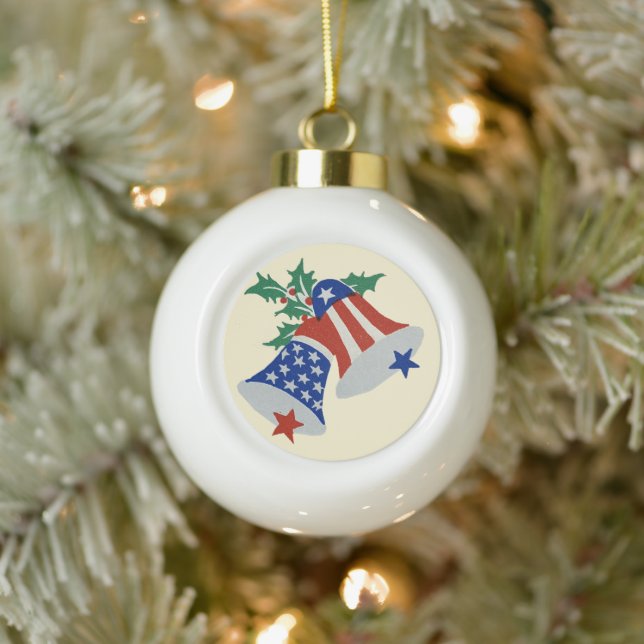 USA Flag American Patriotic Christmas Bells Art Ceramic Ball Christmas Ornament (Tree)