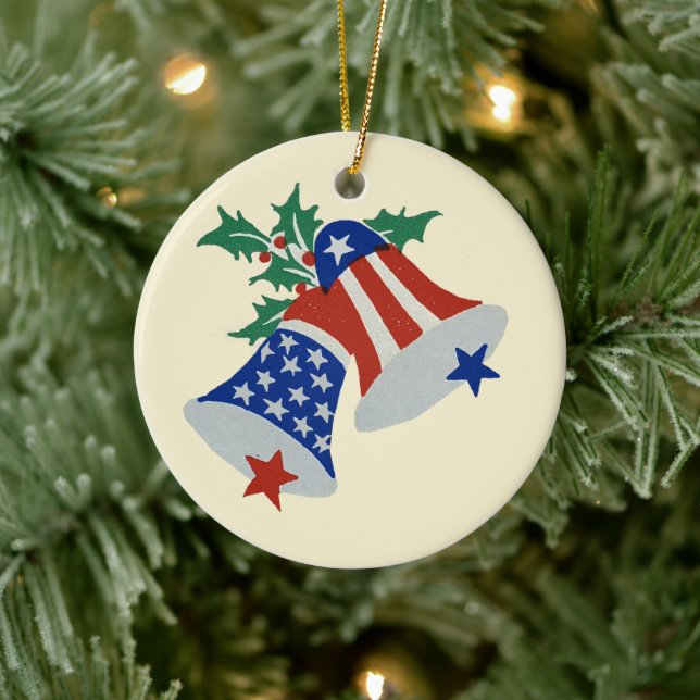 USA Flag American Patriotic Christmas Bells Art Ceramic Ornament (Tree)