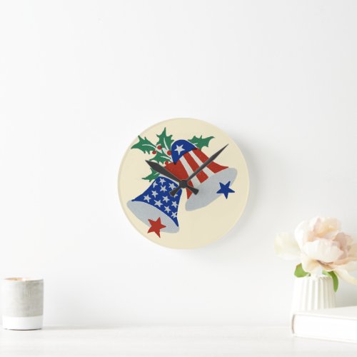 USA Flag American Patriotic Christmas Bells Art Round Clock