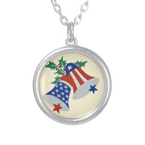 USA Flag American Patriotic Christmas Bells Art Silver Plated Necklace