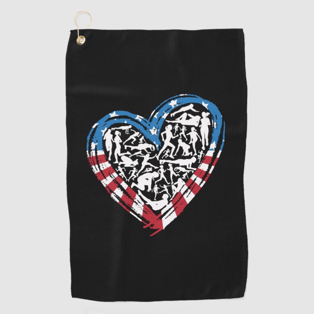 USA Flag American Runner - Running Heart Golf Towel (Front)