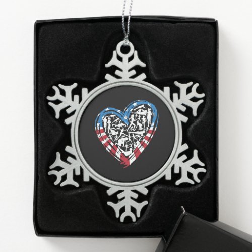 USA Flag American Runner _ Running Heart Snowflake Pewter Christmas Ornament