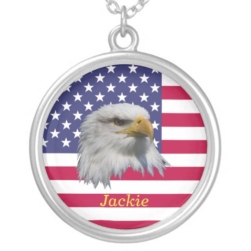USA Flag and Bald Eagle graphic Silver Plated Necklace