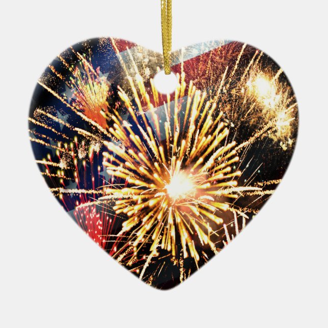 USA Flag and Fireworks Ceramic Ornament (Front)