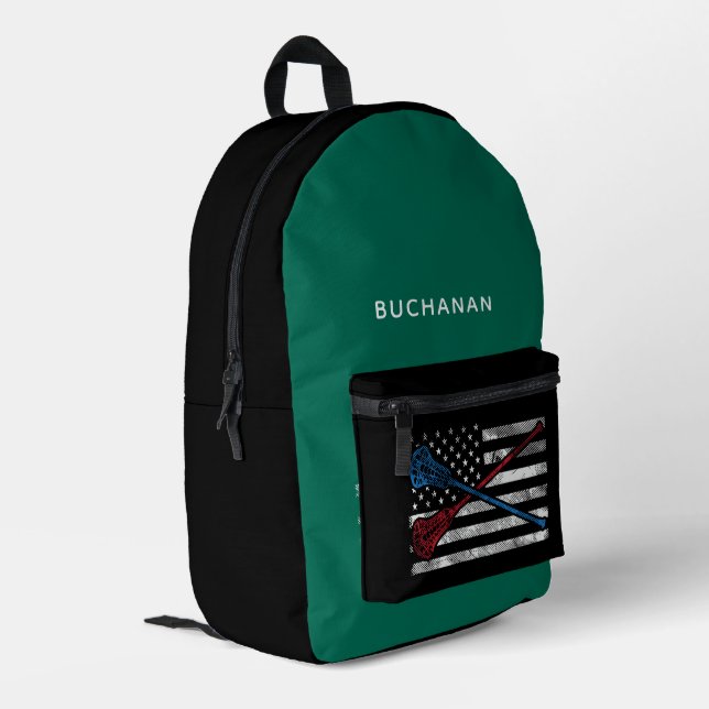 USA Flag and Lacrosse Bats Green Black Personalize Printed Backpack (Back Corner Left)