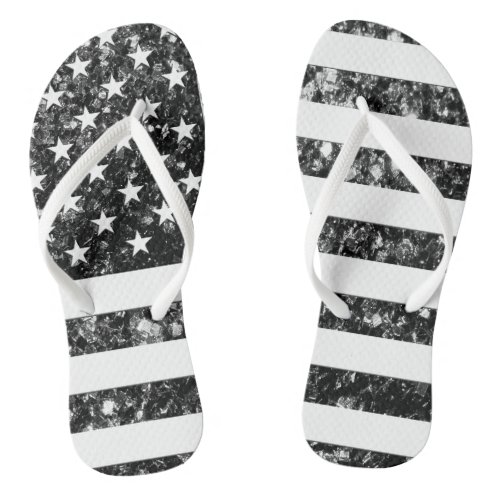 USA flag black and white faux sparkles glitters  Flip Flops