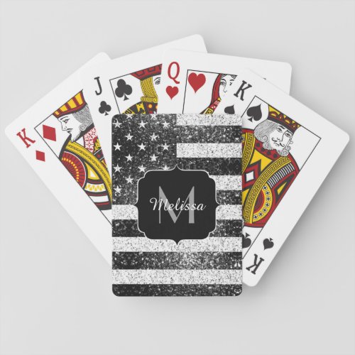 USA flag Black and White sparkle glitters Monogram Poker Cards