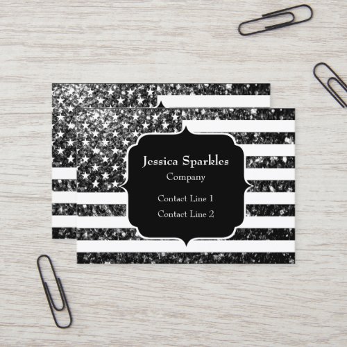 USA flag black and white sparkles glitter Monogram Business Card