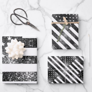 USA flag black and white sparkles glitters pattern Wrapping Paper Sheets