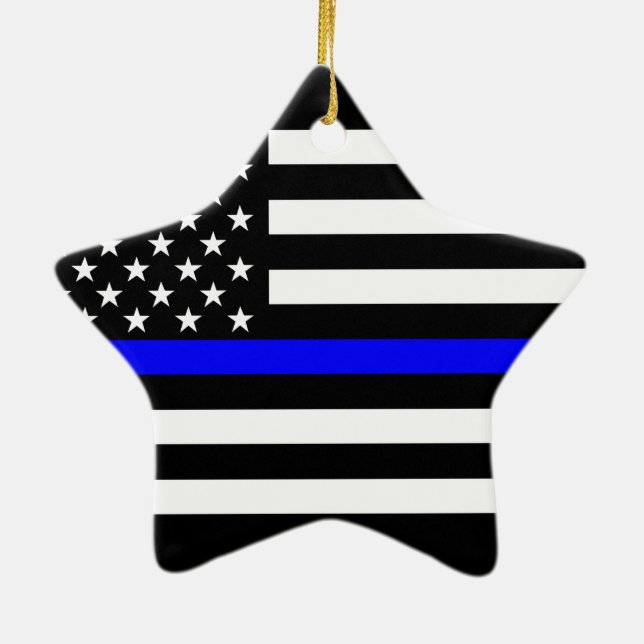 USA Flag Black and White Thin Blue Line Ceramic Ornament (Back)