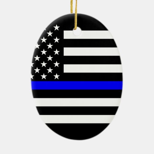 USA Flag Black and White Thin Blue Line Ceramic Ornament