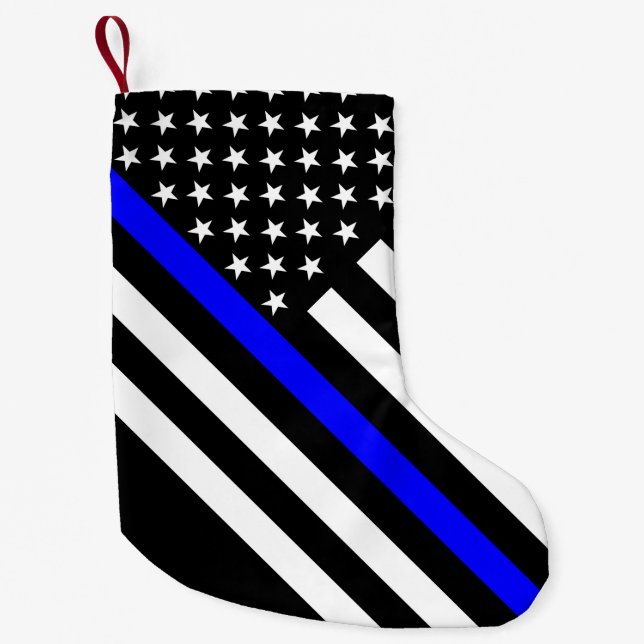 USA Flag Black and White Thin Blue Line Small Christmas Stocking (Front)
