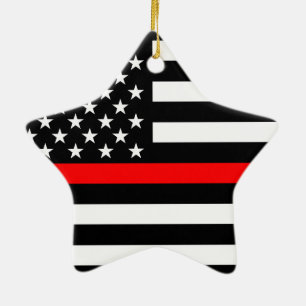 USA Flag Black and White Thin Red Line on a Ceramic Ornament
