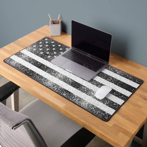 USA flag black white silver sparkles America Desk Mat