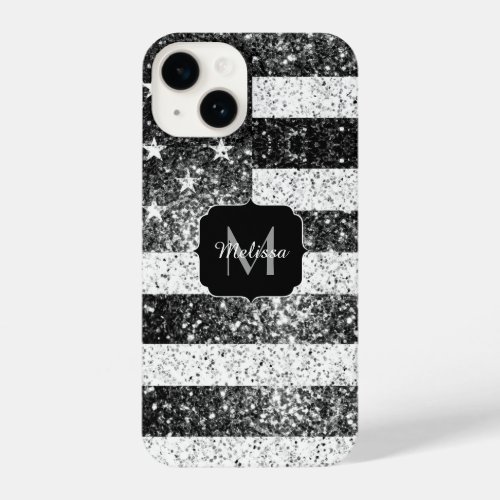 USA flag black white silver sparkles Monogram iPhone 14 Case